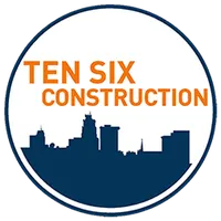 Logo of Ten Six Construction featuring an orange and blue city skyline within a circular design.